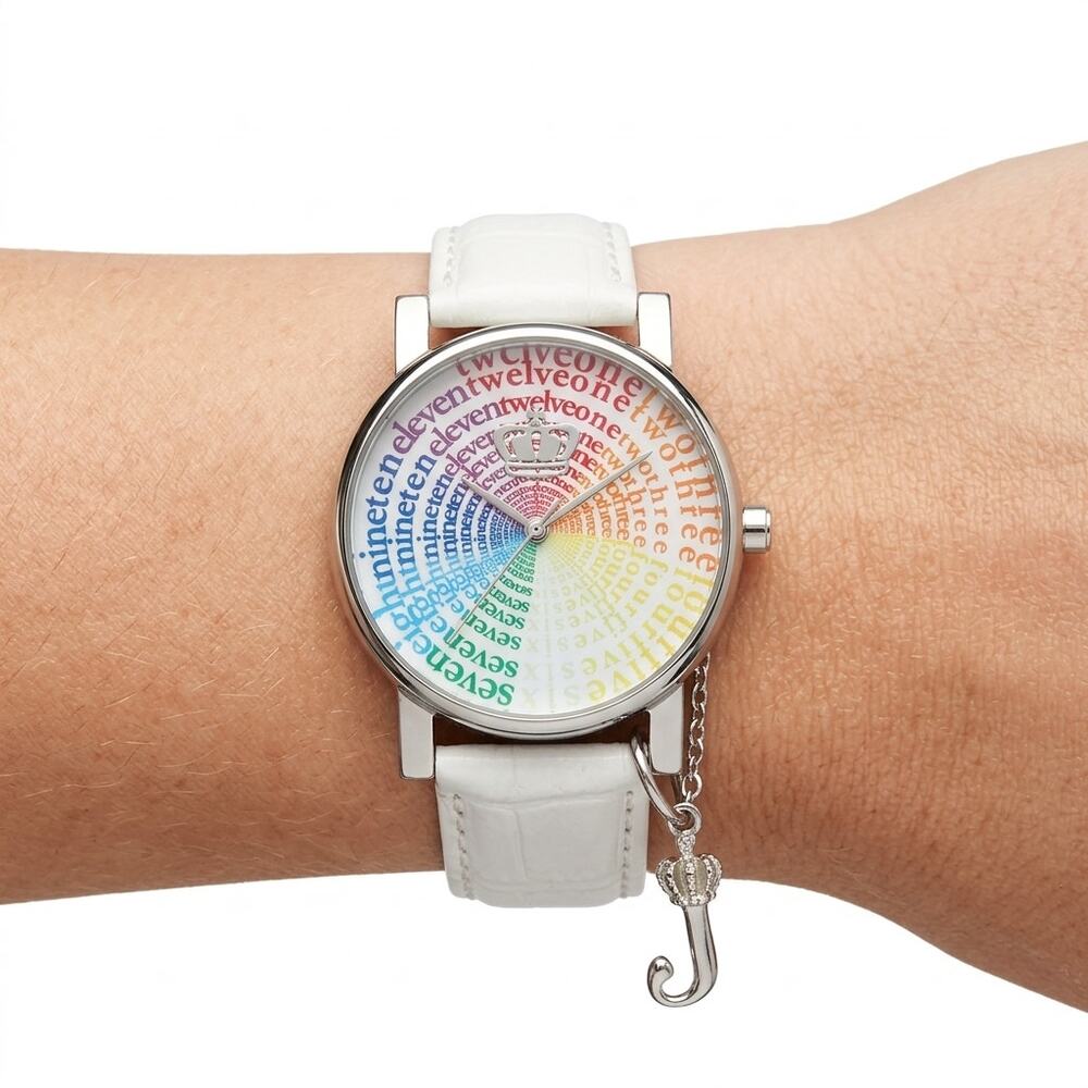 Juicy Couture Watch Rainbow Number Face Silver J Charm White Leather Strap